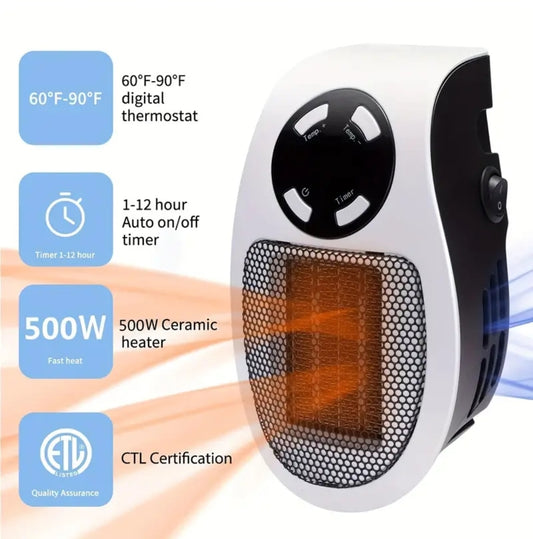 Quiet Heater, Electric Portable and Compact Wall Space Heater - Energy Efficient - Child/Family/Pet/Environmentally Friendly - 500W/800W