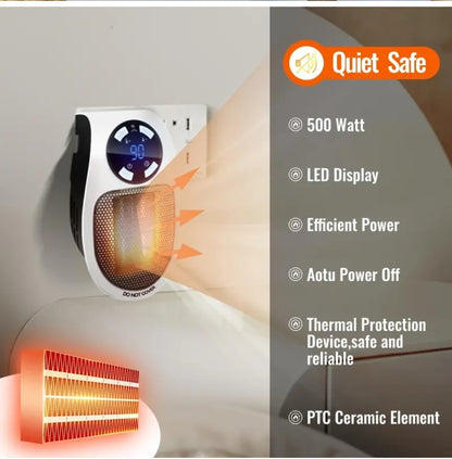 Quiet Heater, Electric Portable and Compact Wall Space Heater - Energy Efficient - Child/Family/Pet/Environmentally Friendly - 500W/800W