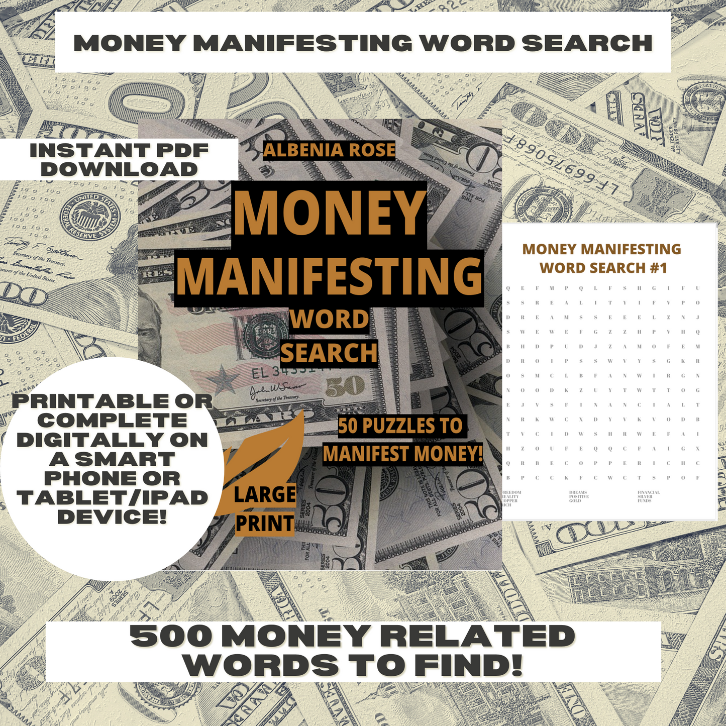 Classic Word Search for Money Manifestation, Cute Word Search, Daily Word Search